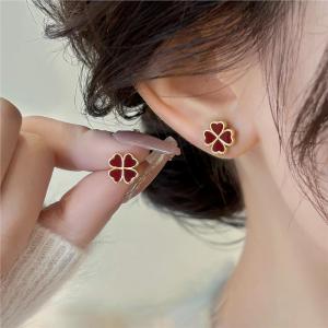 Red Four Leaf Clover S925 Pure Silver Earrings Luxury Festive High End Feeling Personality New Year Original Design Womens Jewelry