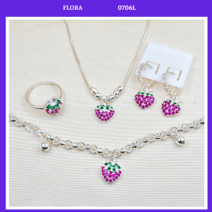 FLORA 0706L - Set bạc ta dây chuyền lắc tay bông tai nhẫn hình quả dâu tây dành cho bé gái