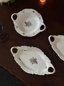 Snug Ceramic Material White Thick Oval Tray And Round Bowl With BInaural Design