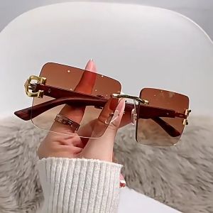 Fashion mens womens cheetah personality vintage rimless sunglasses/wood grain temples square frame gradient anti-UV sunglasses