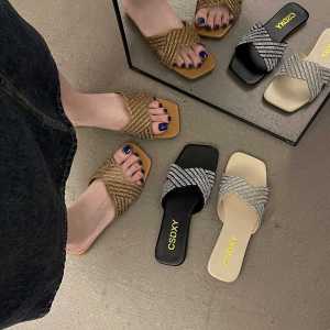 Large Size Womens Slippers French Drill Flat Bottom Square Head Sandals Fairy Style for Skirts Casual Low Heel Rubber Sole