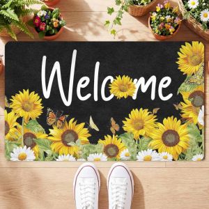 VIKAMA Hello Wildflower Sunflower Daisy Black Floral Art Flannel Door Mat Non Slip Entryway Bedroom Living Room Home Decor Warm