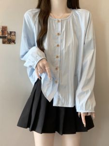 เสื้อเชิ้ตแขนยาวสีฟ้าอ่อน ทรงหลวม สำหรับผู้หญิงไซส์ใหญ่ ฤดูใบไม้ร่วง 2025 เสื้อผ้าแฟชั่นใหม่ เสื้อผ้าเด็กผู้หญิง เสื้อผ้าทำงานสไตล์เกาหลี