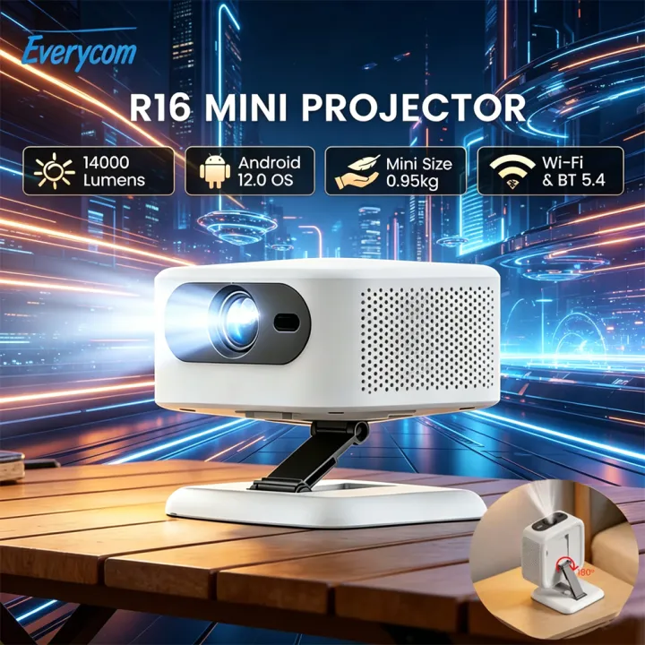Everycom R16 Mini Projector 14000 Lumens Ultralight Portable Outdoor Camping Home Cinema Android 12 Smart LED Beamer with Stand