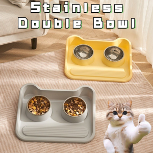 Double Cat Bowl Stainless Pet Bowl with Food Mat 2 in 1 Cat & Dog Elevated Bowls with Tray Pet Supplies