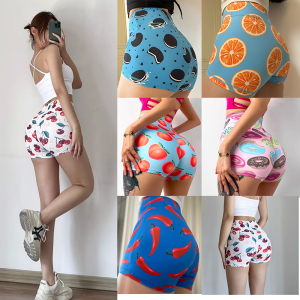 High-Waist Fruit Print Peach Booty Gym Leggings for Women Quick-Dry Nylon Sports Shorts Super Elastic Legging for Fitness and Running