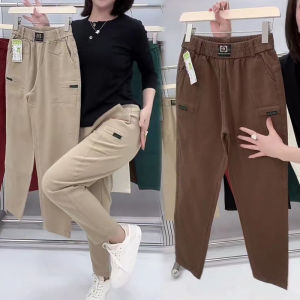 กางเกงฮาเร็มเอวสูงสําหรับผู้หญิงสไตล์แฟชั่นฤดูใบไม้ผลิ/ฤดูใบไม้ร่วงพร้อมกระเป๋าคาดเอวทรงขาชุดทํางานลําลอง