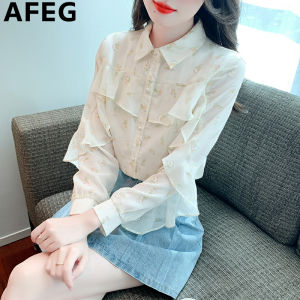 AFEG Korean lapel ruffle fashion loose temperament floral chiffon long sleeve blouse for women