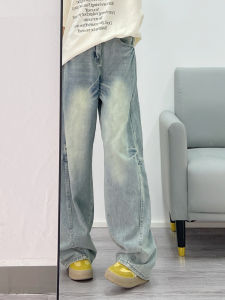 กางเกงยีนส์ทรงหลวมเอวสูงขากว้างสีฟ้าอ่อนสไตล์ฮิปฮอปย้อนยุคสไตล์อเมริกันสำหรับผู้หญิง กางเกงขายาวทรงหลวมฤดูใบไม้ผลิและฤดูร้อน