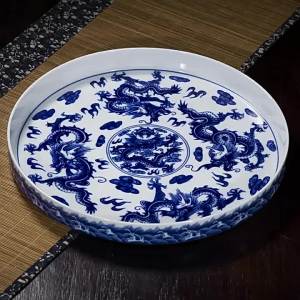 Practical Simple Large Round Blue and White Porcelain Tray