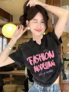 Retro American Washed Short Sleeve V-Neck T-Shirt Women Summer Small Spice Belly Buckle Short Top High Waist Cotton Blend