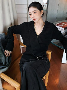 SHANGSHA | Elegant Luxury Stylish Black Knitted Dress Set