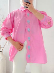Kemeja Wanita Korean Style Big Size Motif Bordir Runi Hitam Putih Biru Pink Merah Jumbo