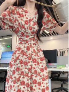 CHANGTONG | French Style Floral Print V-Neck Dress Womens Summer Slimming Midi Skirt Bubble Sleeve Short Sleeve H-Shape Tea Break Dress