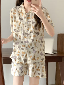 Mùa Hè Nguyên Chất Cotton Vải Bông Họa Tiết In Đồ Ngủ Dành Cho Nữ Bộ Quần Áo Gia Đình Hai Mảnh Phù Hợp Khi Mặc Ngoài Trời