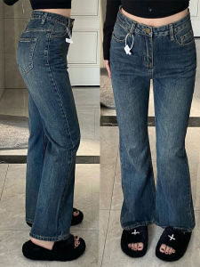 Dark Blue Slightly Flared Jeans Female Slim Looking High Waist 2024 New Straight Pants Plus Size Plus Size Ladies Small Man Pants