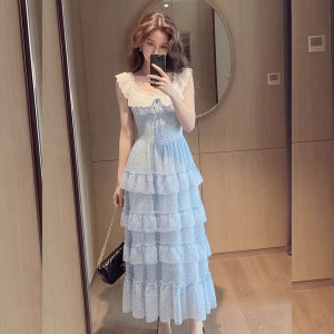 YIKEMAI | French Style Large Size Blue Polka Dot Layered Dress Slimming