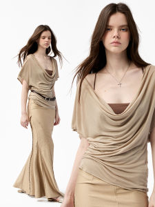 Kaki Knitted Loose Short Sleeve Cover up Top Womens Summer Moisture Wicking Pure Color Commute Style Evening Ripple Series