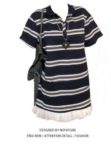 plus Size Korean Retro Patchwork Lace Short Sleeve Polo Collar Striped Summer Dress Womens Mini Skirt Casual Loose Fit High Waist A-Line Skirt