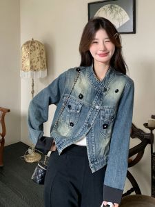 Retro Street Style Short Denim Jacket Womens Stand Collar 2025 Autumn New Korean Style Versatile Jacket Top for Ladies