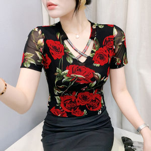 YIMEI 2025 Summer New Mesh Printed Rose T-shirt Cross V-neck Hot Diamond Unique Small Shirt Slimming and Stretching Womens Top