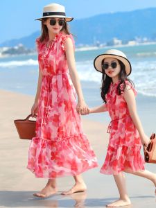 Tagkita Đầm Bé Gái Mùa Hè Thời Trang Cao Cấp Bohemian Cha Mẹ-con Mẹ-con Gái Dài Váy Viền Rộng Bãi Biển Áo Choàng