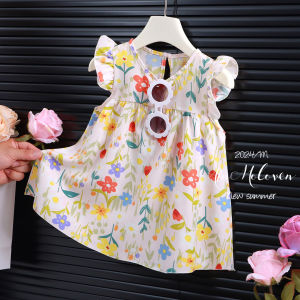 Girls Summer Dress Thin Beach Outfit Short Sleeve A-Line Skirt Korean Style Cotton Polyester Blend Moisture Wicking Machine Washable