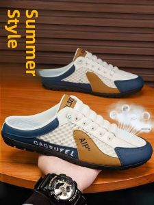 New Summer Mesh Mens Slippers Outdoor Wear Headed Slip-On Soft Bottom Breathable Half-Sole Casual Shoes for Active Men