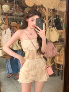 Váy Ngắn Hở Lưng Ren Gợi Cảm Kiểu Pháp Cho Nữ Mùa Hè 2025 Váy Ngắn Chữ a Cạp Cao Không Tay Cổ Tròn Bằng Polyester