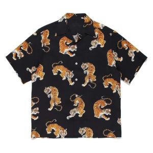 Hawaiian Tiger Print shirt for Men Short sleeve black top Beach vacation mens shirt Fashion vintage Casual mens clothing