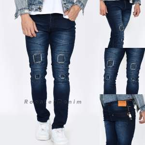 RoosterDenim - Celana Jeans Bikers Sobek Cubit Navy Wash Pria Panjang Stretch Ngaret