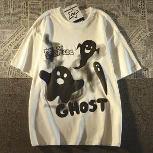 100% Pure Cotton American Funny Ghost Print Short-Sleeved T-shirt Mens Summer Ins Couple Loose Easiest for Match T-shirt Top