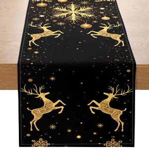 1 Piece of Golden Christmas-Themed Table Runner Featuring Reindeer and Snowflakes as Main Motifs Suitable for Christmas Parties Family Holiday Decorations and Other Occasions