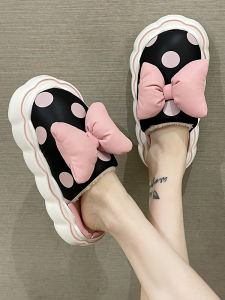 Womens Thick Bottom Cotton Slippers Autumn Winter Polka Dot Bow Knot Anti Slip Waterproof Indoor Home Head Covered Slippers