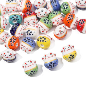 2Pcs 14mm Handmade Painted Colorful Ceramic Cats Beads Cute Lucky Cat Charms for DIY Bracelet Jewelry Craft Making Accessories