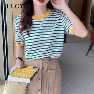 IELGY womens loose striped ice silk knitted short sleeve t-shirt
