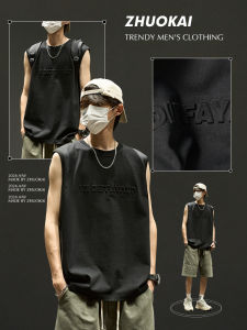 เสื้อกั๊กสปอร์ตคอตตอนหลวมๆ สำหรับผู้ชาย ฤดูร้อน แขนกุด สไตล์อเมริกัน แขนกุด เสื้อยืดแขนกุด เสื้อกั๊กแบบเปิดไหล่ เสื้อผ้าผู้ชาย