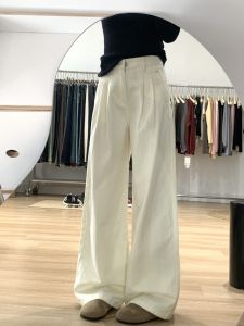 Quần Jeans Denim Ống Thẳng Cạp Cao Màu Trắng Cho Nữ Thu Đông Phong Cách Mới Quần Ống Rộng Dài Đến Sàn Phong Cách Mỹ Cổ Điển