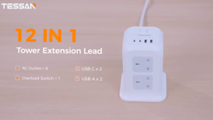 TESSAN Tower Extension Lead Power Strip with 8 AC Outlets 2 USB A Ports 2 USB C Ports 2M Cable
