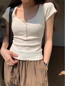 White Button up Short Sleeve T-Shirt Semi-Open Collar U-Neck Summer Design Slim Fit Womens Fashion Casual Korean Style