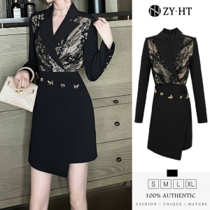 ZYHT EraVogue Women's Black Lace Patchwork Long Sleeve Dress Formal Occasion Work Suit Dresses 21433