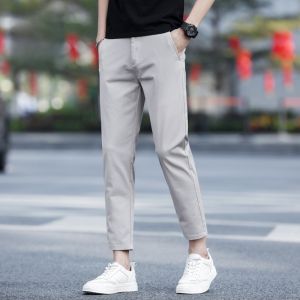 ROMON | Lormen Mens Pure Cotton Casual Pants Summer Thin Slim Straight Leg Silk Ice Nine-Minute Long Trousers Mid Waist Jeans