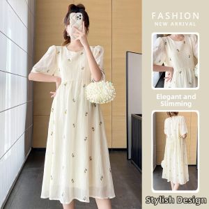 Đầm Dài Trung Bình Phong Cách Hàn Quốc Tencel Thêu Ngọt Ngào Cho Bà Bầu Mùa Hè