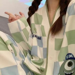 ชุดนอนผู้หญิงแขนยาวลายสก็อต ชุดอยู่บ้าน ชุดนอนฤดูใบไม้ผลิและฤดูใบไม้ร่วง ไซส์ใหญ่ ดีไซน์การ์ตูน คอกลม โพลีเอสเตอร์