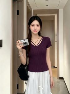 AIYITI | Stylish Purple V-Neck Short-Sleeved Top For Curvy Women
