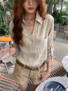 เสื้อเชิ้ตผู้หญิงคอวีแขนยาวผ้าลินินบางสบายๆ ทรงหลวม สไตล์ฤดูร้อน ป้องกันแสงแดด เสื้อเชิ้ตคอวีผ้าฝ้ายลินิน