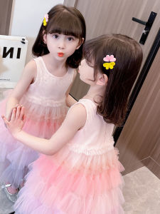 Summer 2023 New Princess Dress for Girls Cute Cake Pattern Mesh Fabric Sleeveless Midwaist Length Rainbow Sequin Embellishment