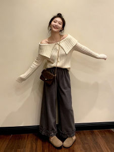 XUECAIQI | Collar Design Knitwear and Wide Leg Pants Set