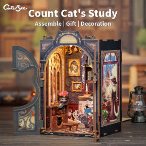 CUTEBEE DIY Book Nook Miniature Wooden Dollhouse with Lights Bookshelf Insert 3D Puzzle Decor Model for Gifts Count Cats Study