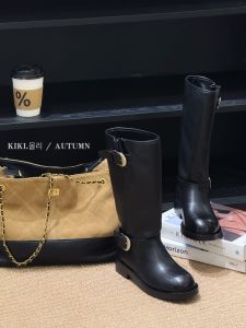 Giày Bốt Martin Knight Western Cowboy Boot Splicing High Top Ghi Lê Giày Bốt Nữ Cổ Cao Mùa Thu Dày